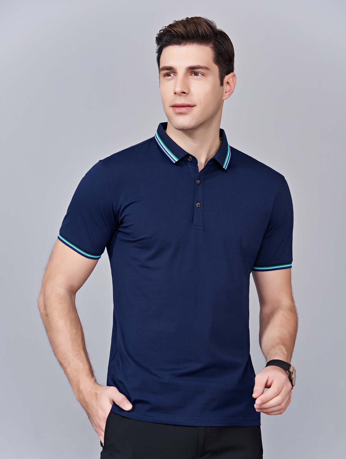 夏季藏藍色男女同款冰瓷棉短袖翻領(lǐng)時尚T恤衫/polo衫-66531#