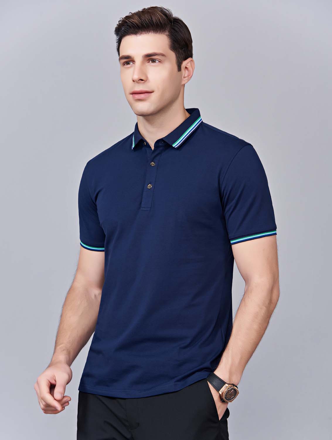 夏季藏藍色男女同款冰瓷棉短袖翻領(lǐng)時尚T恤衫/polo衫-66531#