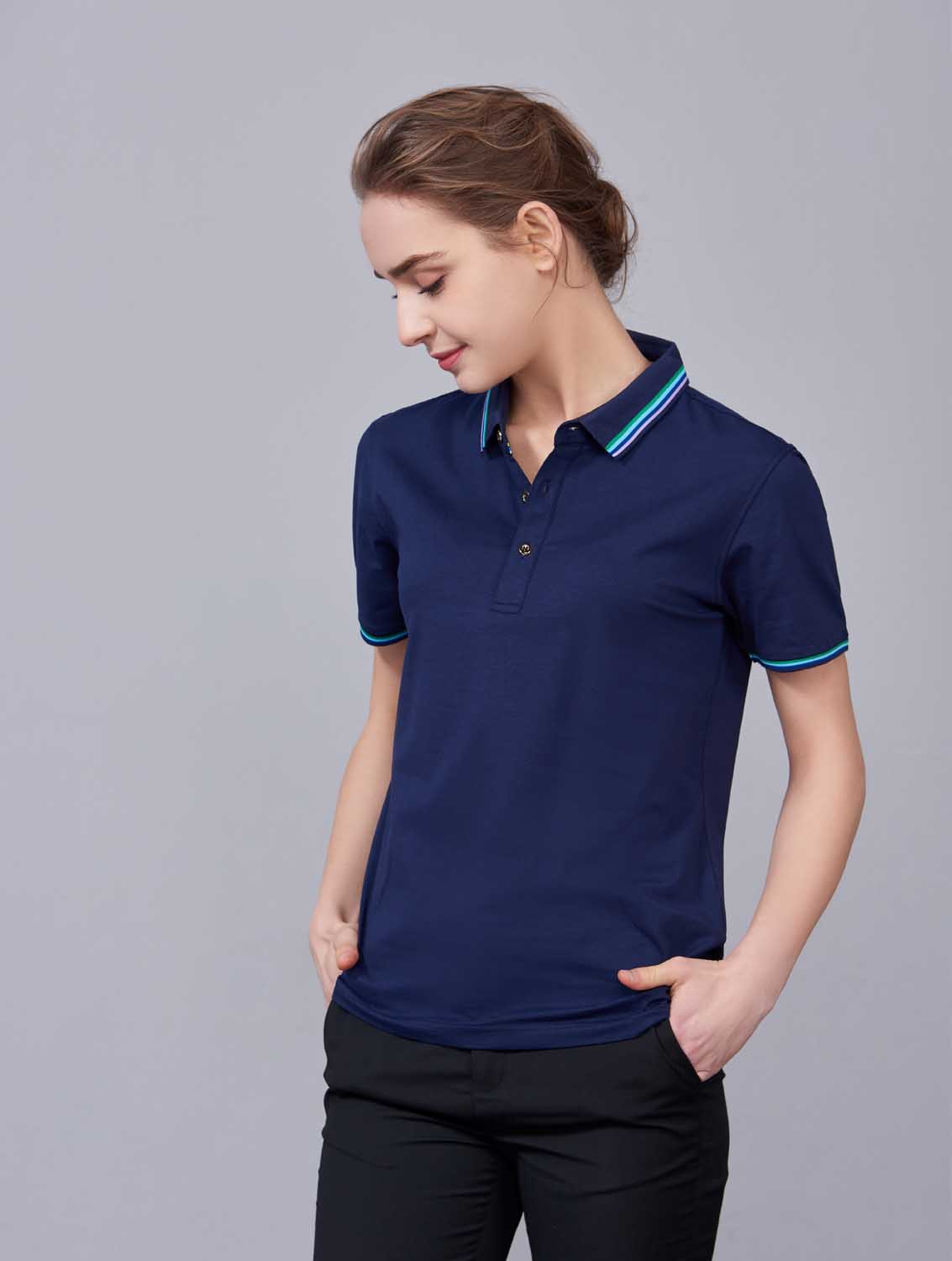 夏季藏藍色男女同款冰瓷棉短袖翻領(lǐng)時尚T恤衫/polo衫-66531#