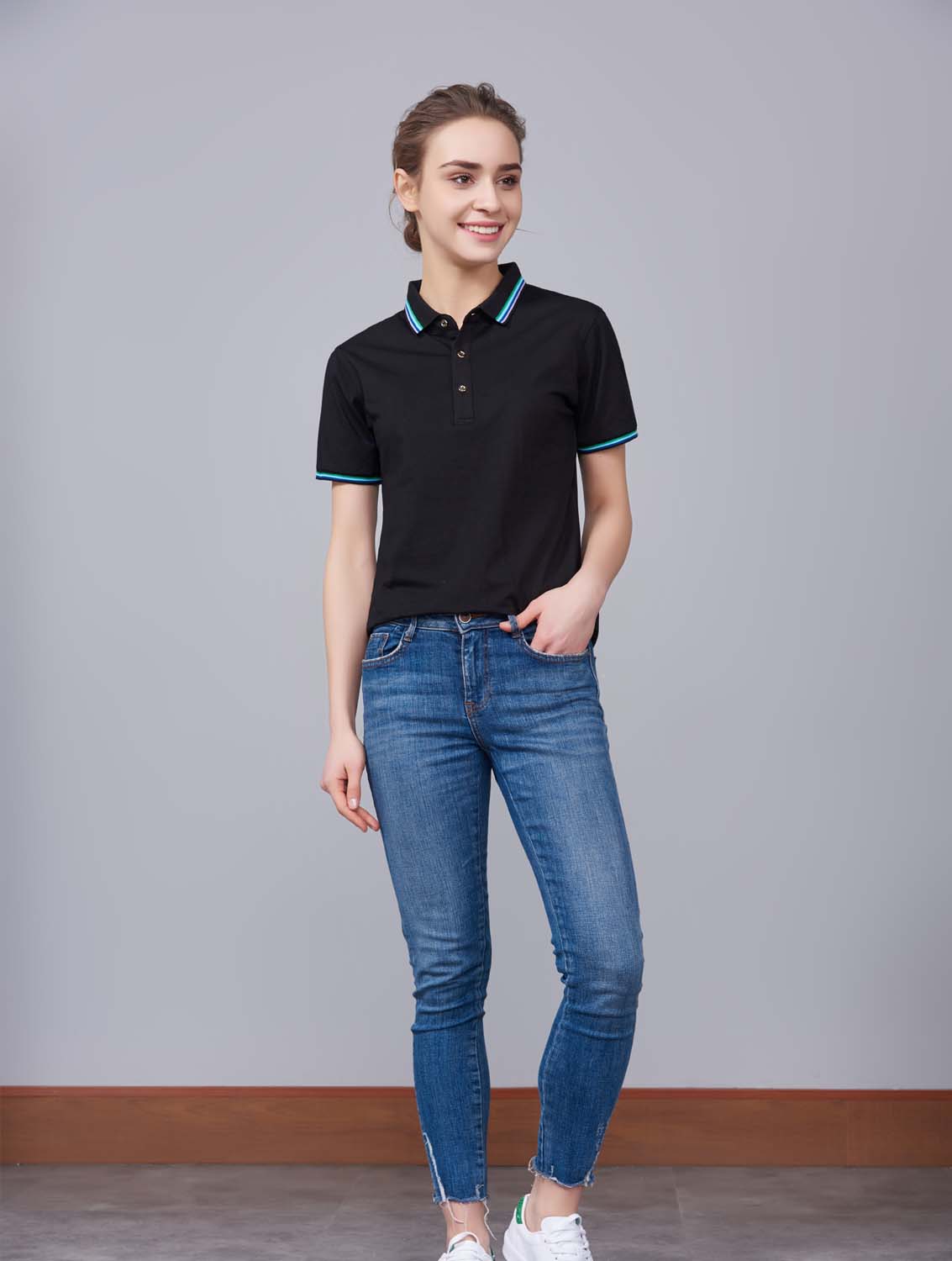 夏季黑色男女同款冰瓷棉短袖翻領時尚T恤衫/polo衫-66531#