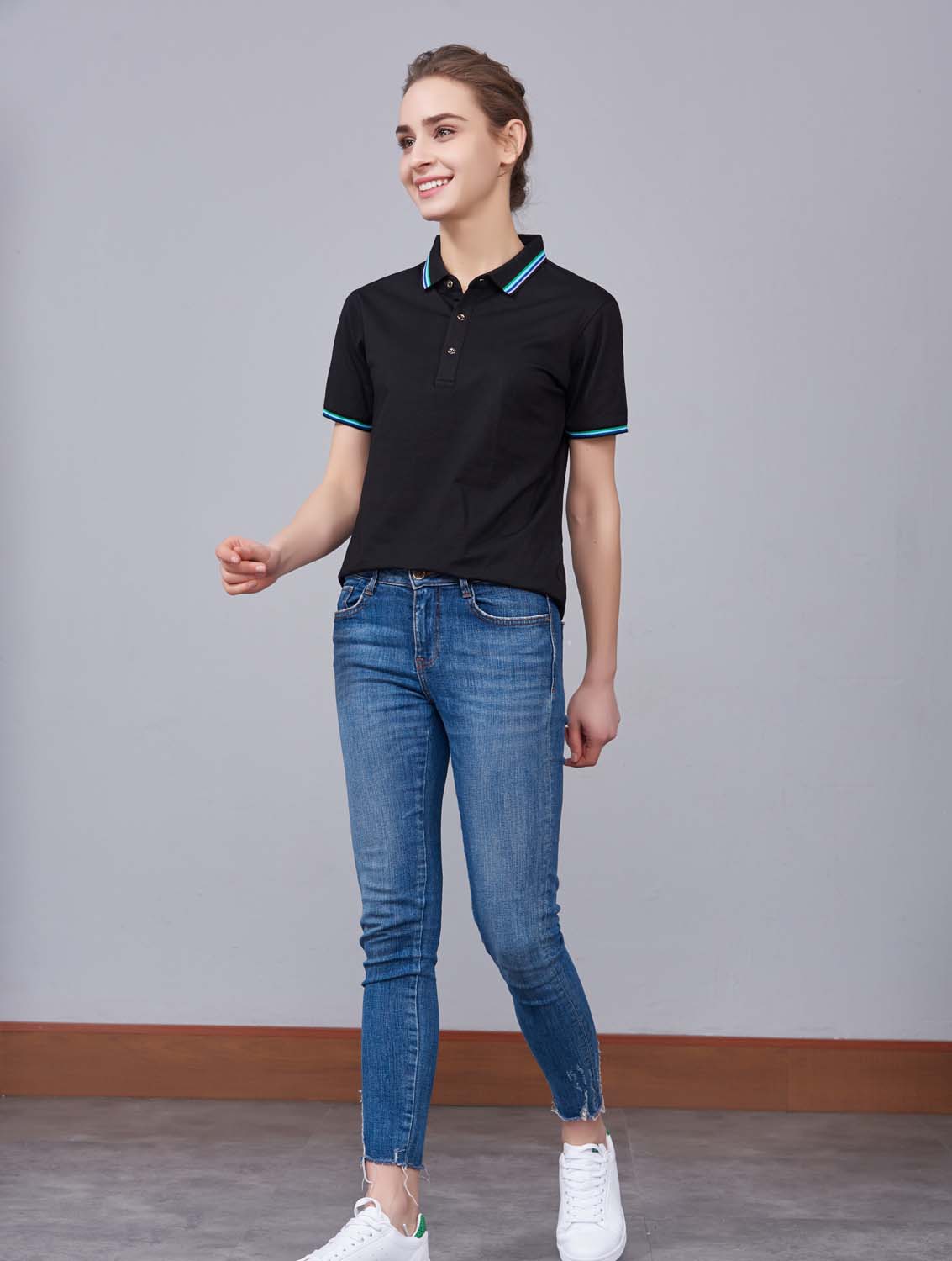 夏季黑色男女同款冰瓷棉短袖翻領時尚T恤衫/polo衫-66531#