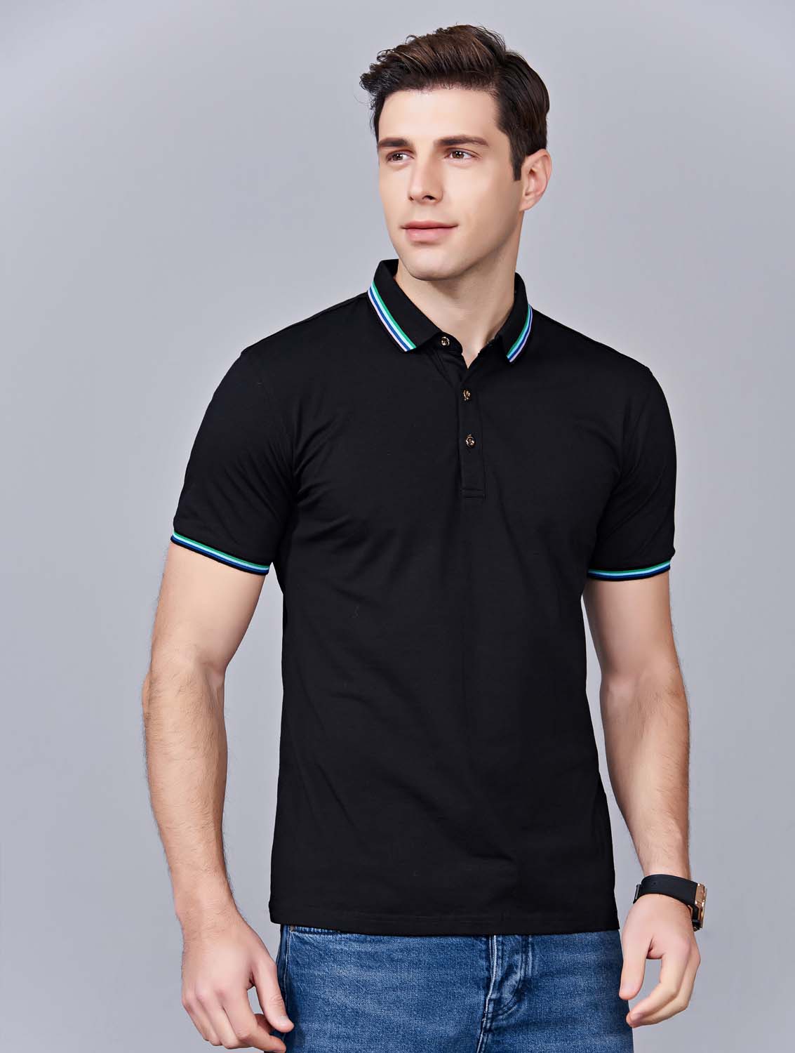 夏季黑色男女同款冰瓷棉短袖翻領時尚T恤衫/polo衫-66531#