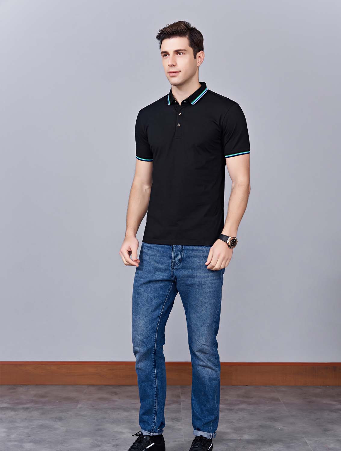 夏季黑色男女同款冰瓷棉短袖翻領時尚T恤衫/polo衫-66531#