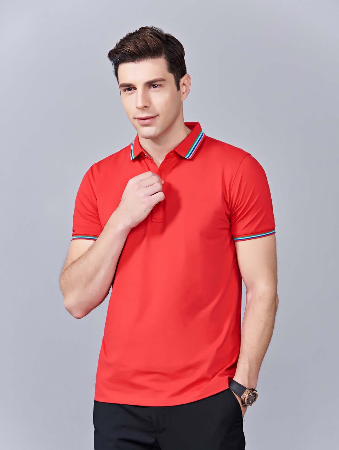 夏季紅色男女同款冰瓷棉短袖翻領時尚T恤衫/polo衫-66531#