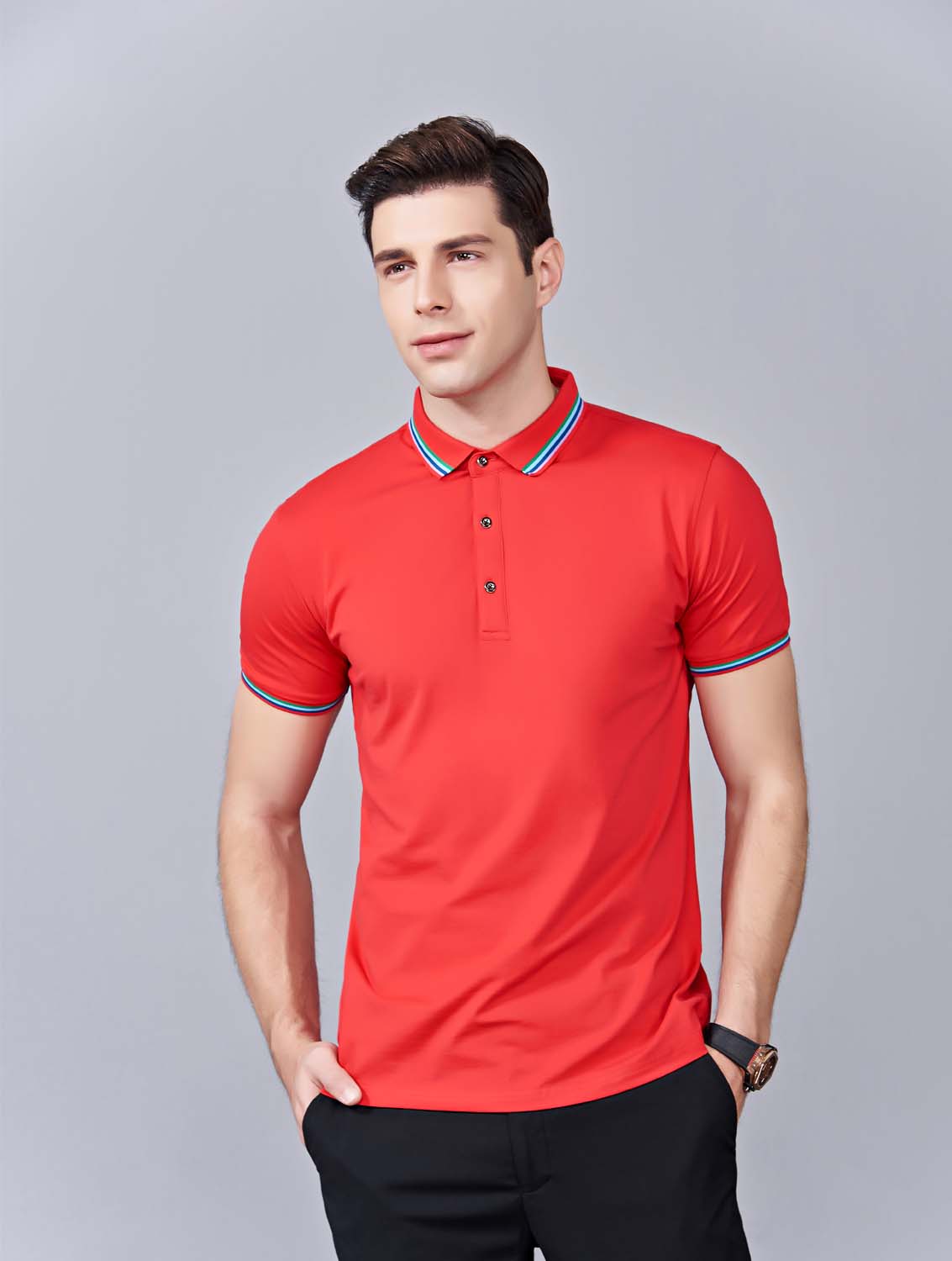 夏季紅色男女同款冰瓷棉短袖翻領時尚T恤衫/polo衫-66531#