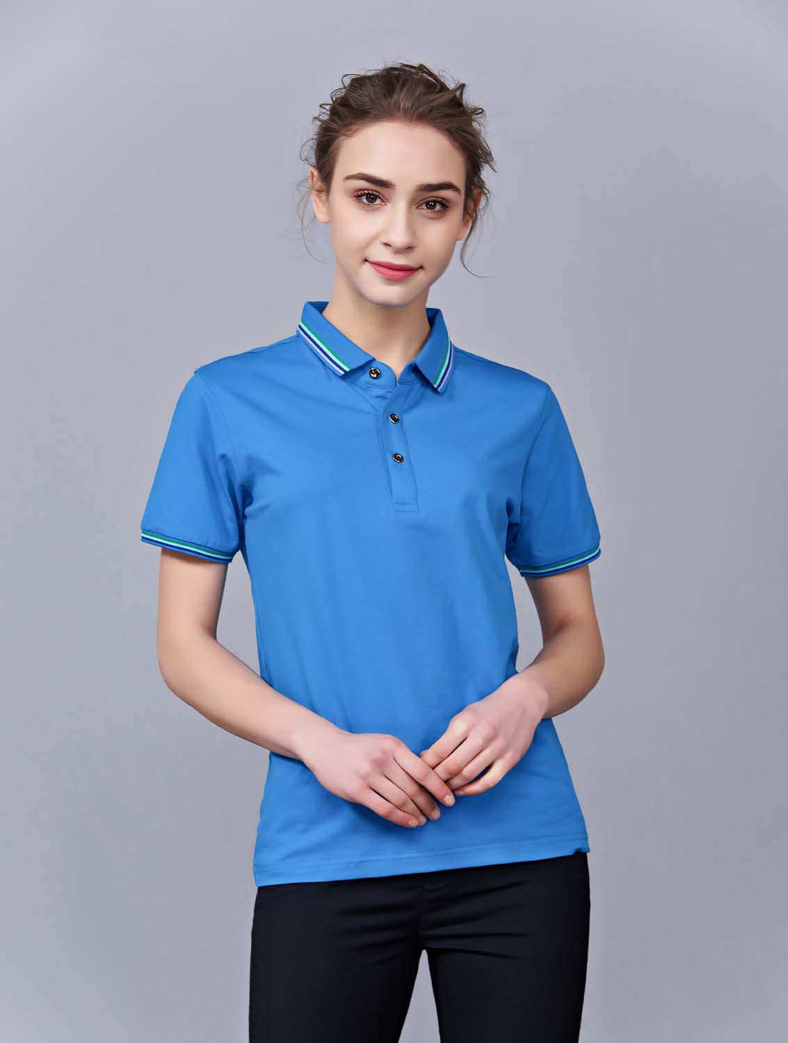 夏季湖藍(lán)色男女同款冰瓷棉短袖翻領(lǐng)時(shí)尚T恤衫/polo衫-66531#