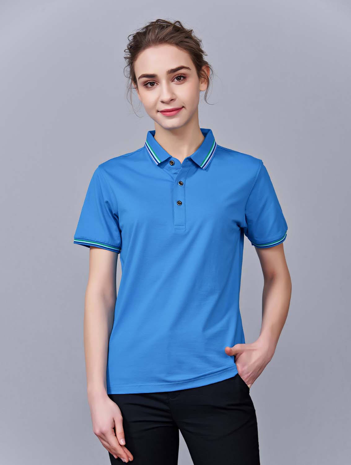 夏季湖藍(lán)色男女同款冰瓷棉短袖翻領(lǐng)時(shí)尚T恤衫/polo衫-66531#