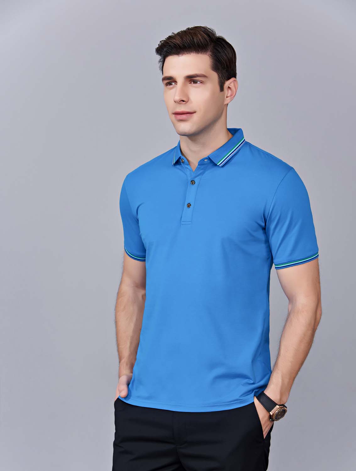 夏季湖藍(lán)色男女同款冰瓷棉短袖翻領(lǐng)時(shí)尚T恤衫/polo衫-66531#