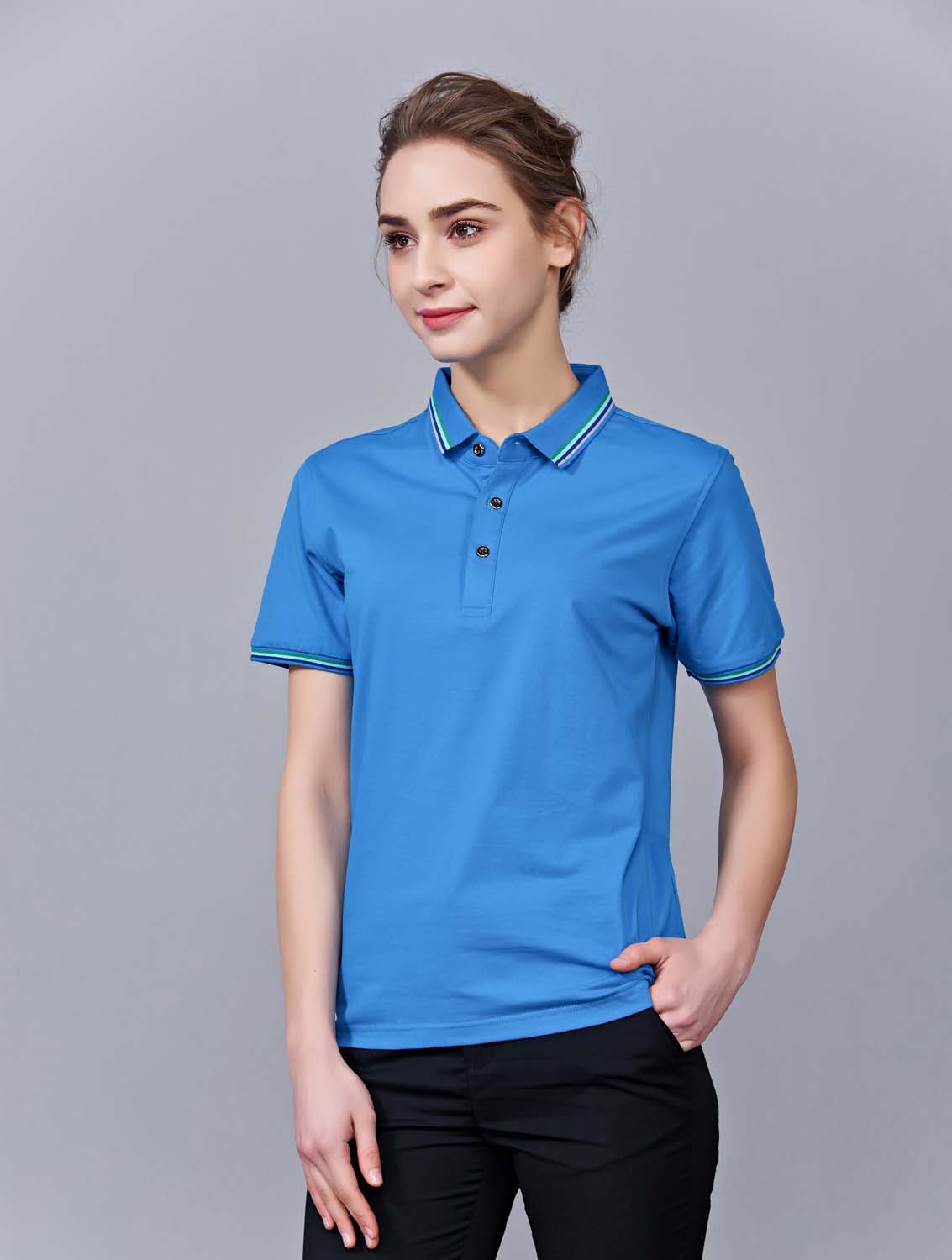 夏季湖藍(lán)色男女同款冰瓷棉短袖翻領(lǐng)時(shí)尚T恤衫/polo衫-66531#