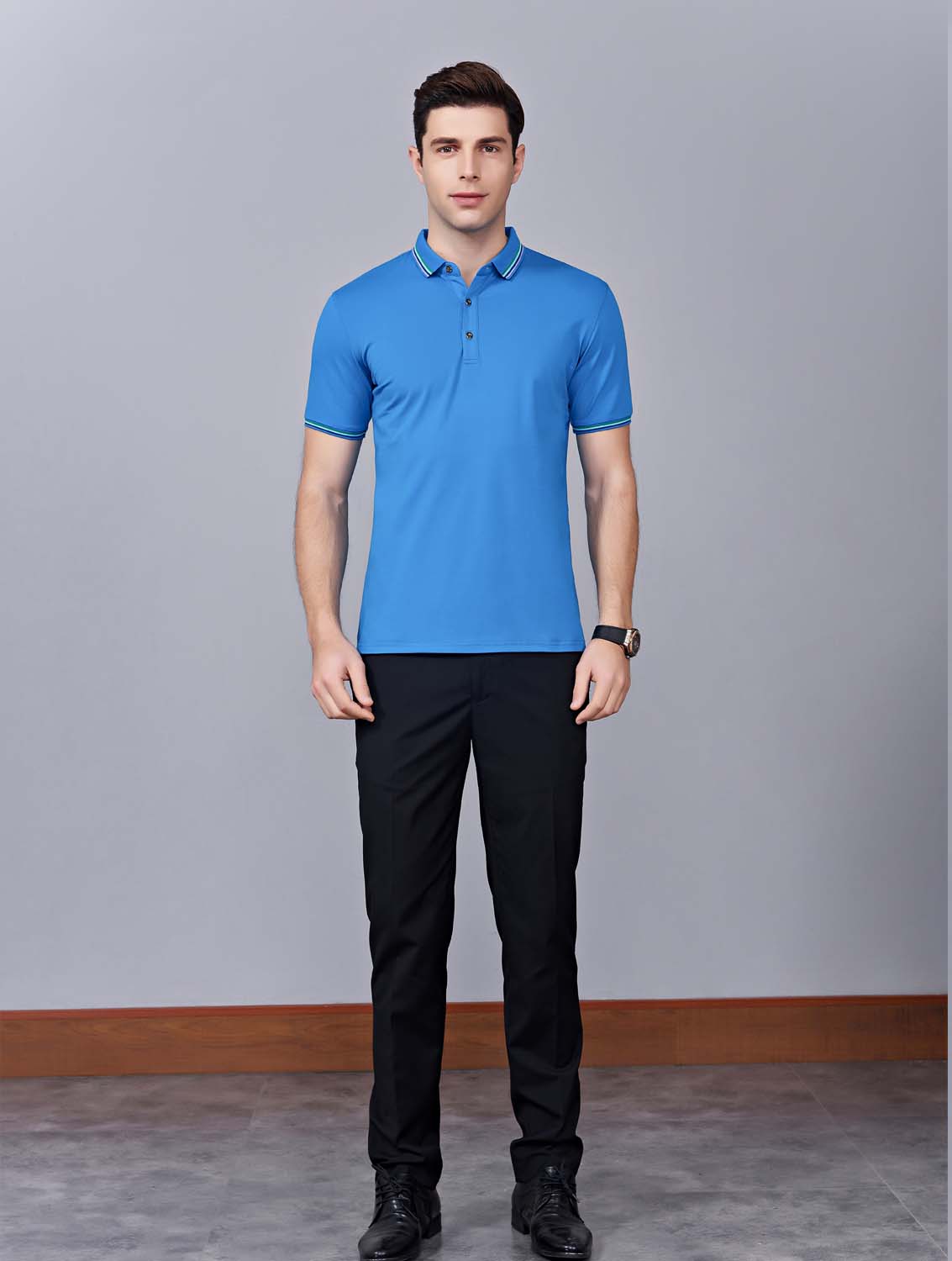 夏季湖藍(lán)色男女同款冰瓷棉短袖翻領(lǐng)時(shí)尚T恤衫/polo衫-66531#