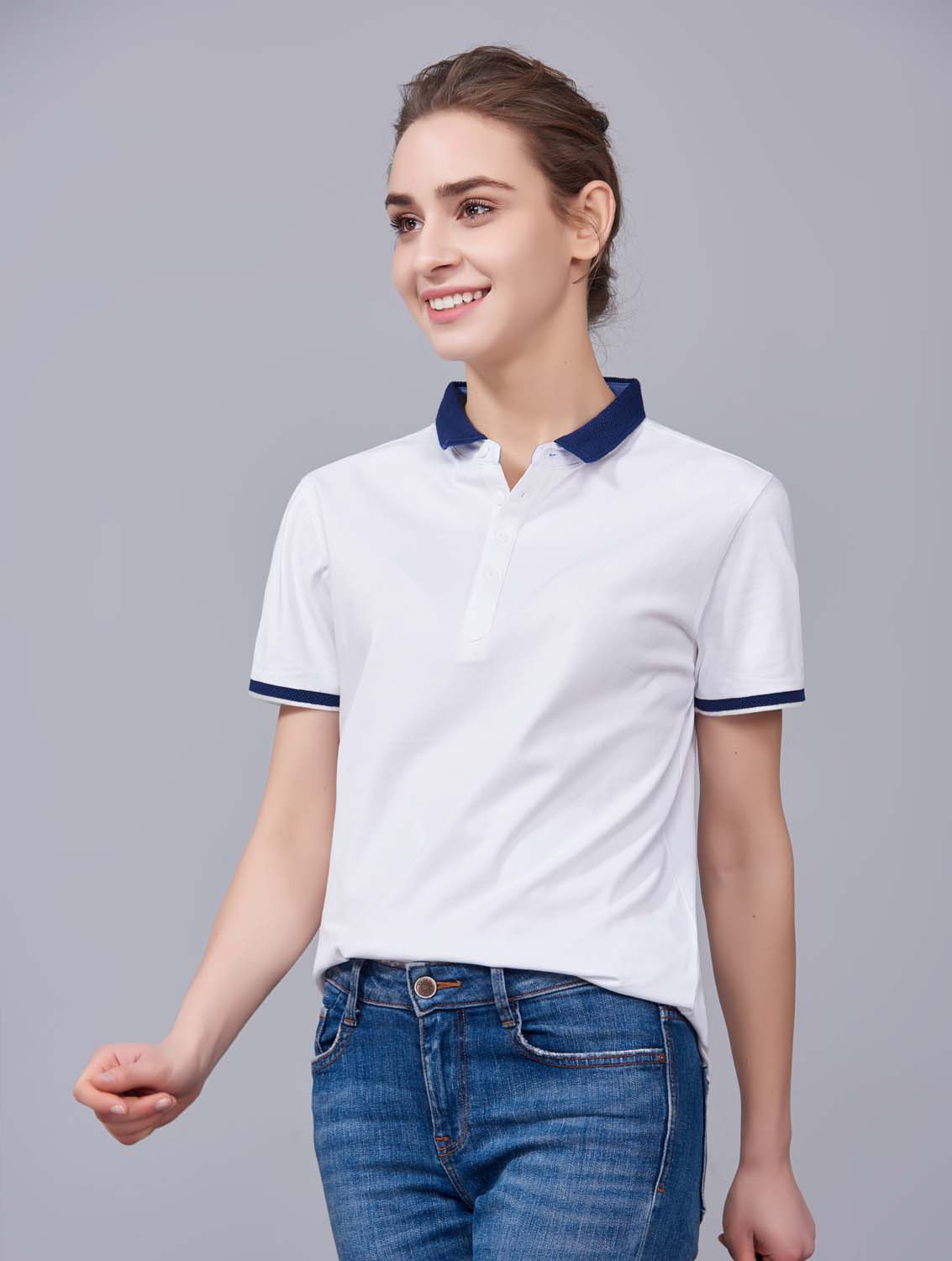 夏季白色男女同款滌棉短袖翻領(lǐng)時尚休閑T恤衫/馬球衫-85651#