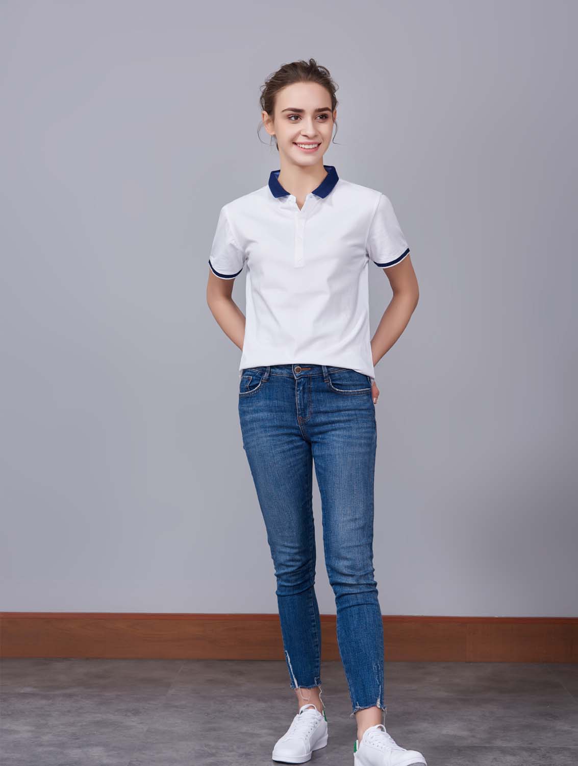 夏季白色男女同款滌棉短袖翻領(lǐng)時尚休閑T恤衫/馬球衫-85651#