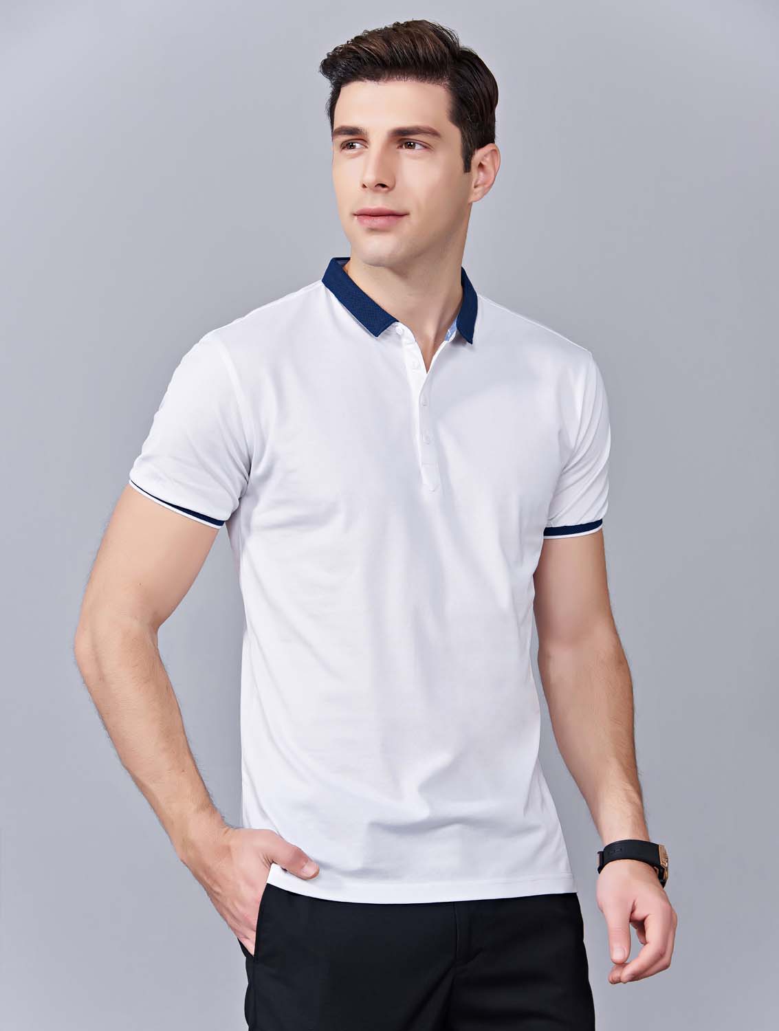 夏季白色男女同款滌棉短袖翻領(lǐng)時尚休閑T恤衫/馬球衫-85651#