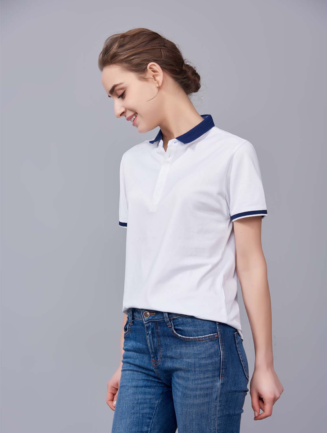 夏季白色男女同款滌棉短袖翻領(lǐng)時尚休閑T恤衫/馬球衫-85651#