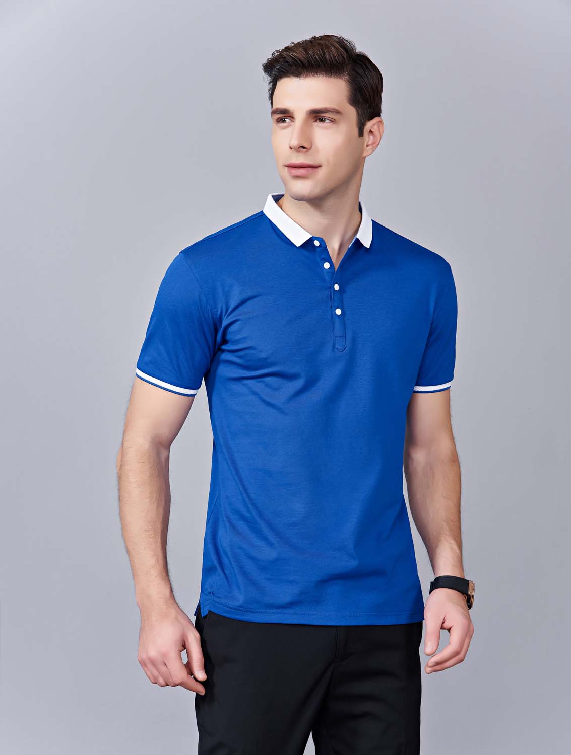 夏季寶藍色男女同款滌棉短袖翻領時尚休閑T恤衫/馬球衫-85651#