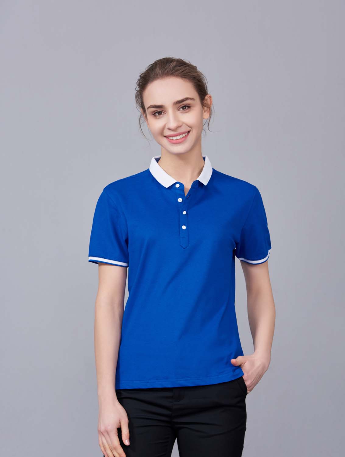 夏季寶藍色男女同款滌棉短袖翻領時尚休閑T恤衫/馬球衫-85651#