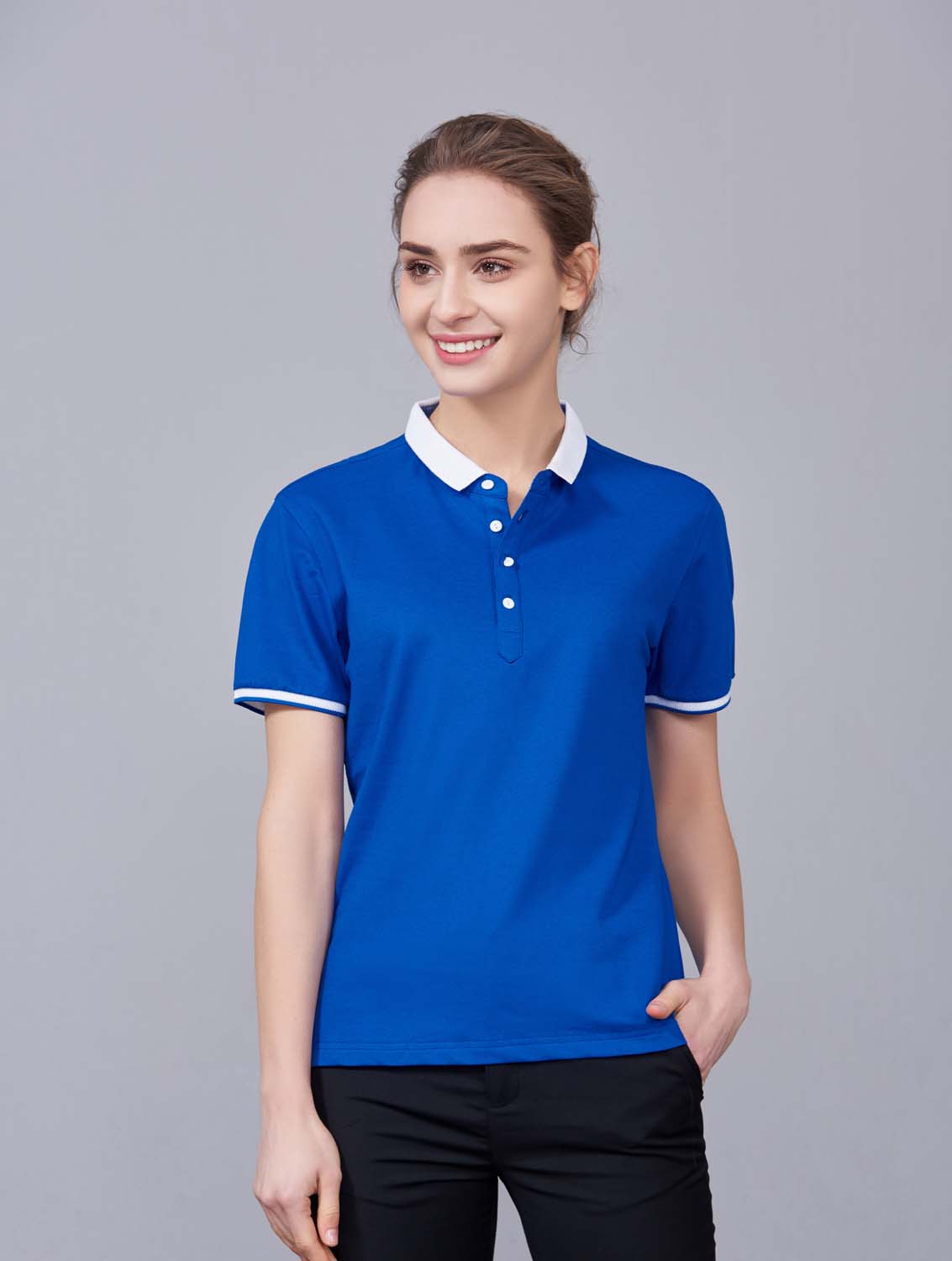 夏季寶藍色男女同款滌棉短袖翻領時尚休閑T恤衫/馬球衫-85651#