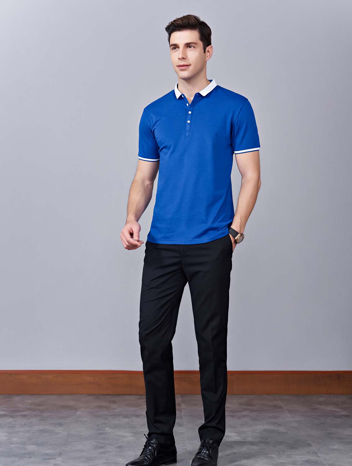 夏季寶藍色男女同款滌棉短袖翻領時尚休閑T恤衫/馬球衫-85651#