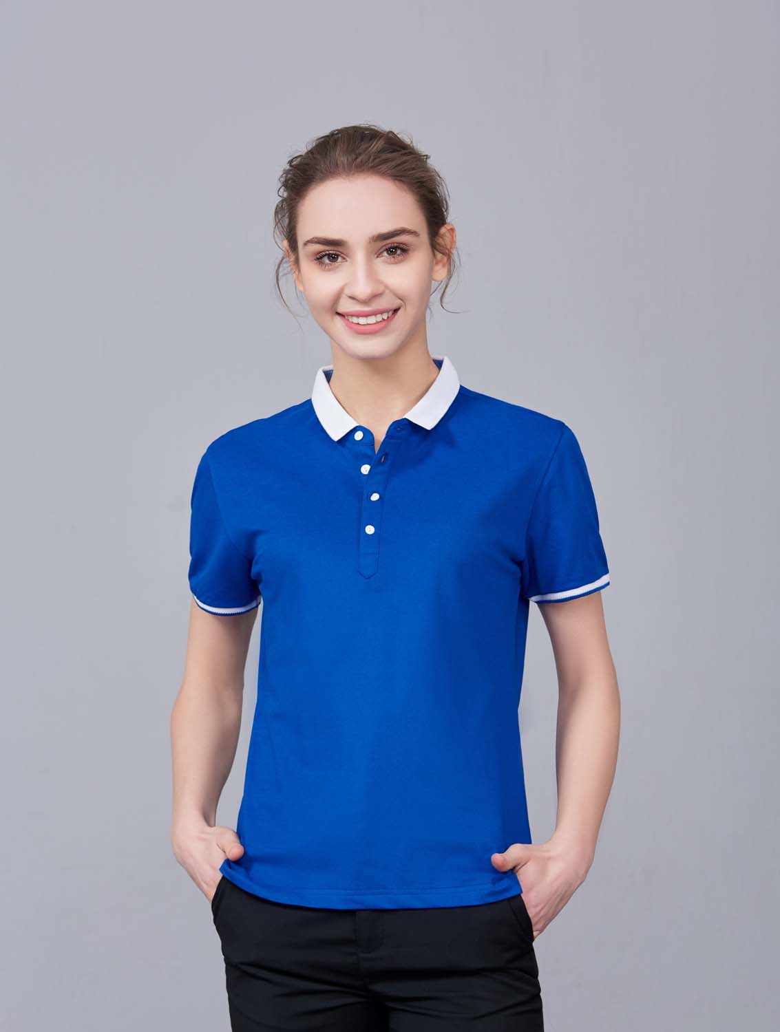 夏季寶藍色男女同款滌棉短袖翻領時尚休閑T恤衫/馬球衫-85651#