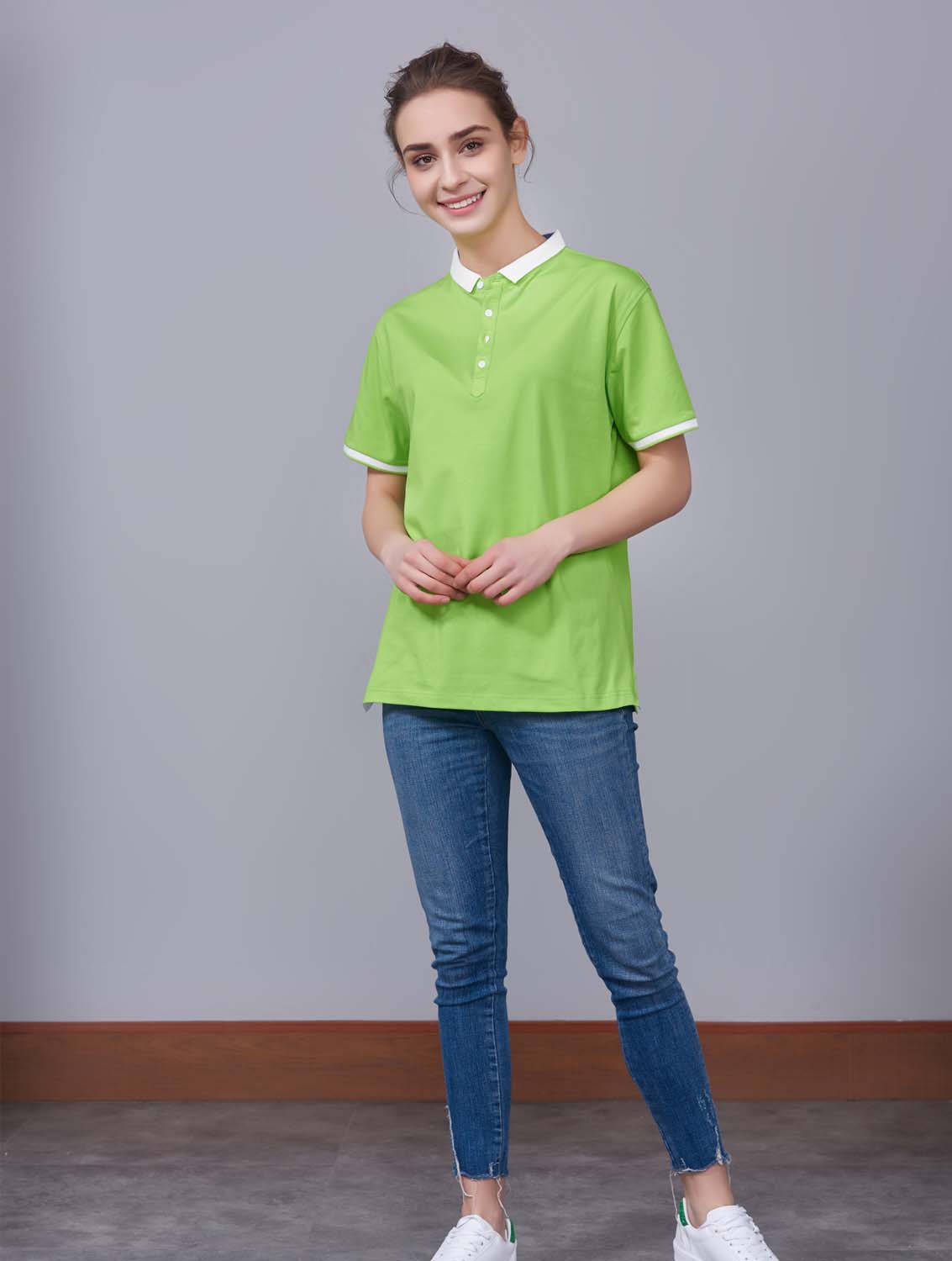 夏季果綠色男女同款滌棉短袖翻領時尚休閑T恤衫/馬球衫-85651#