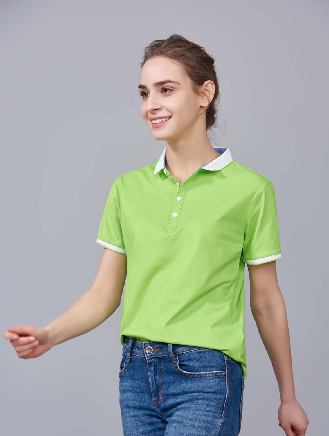 夏季果綠色男女同款滌棉短袖翻領時尚休閑T恤衫/馬球衫-85651#