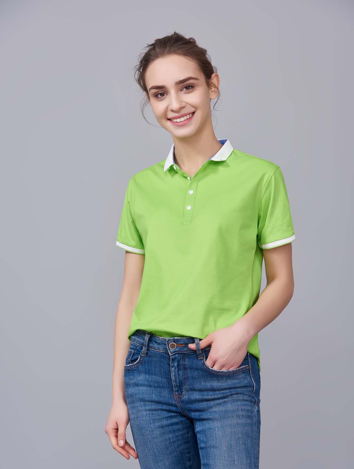 夏季果綠色男女同款滌棉短袖翻領時尚休閑T恤衫/馬球衫-85651#