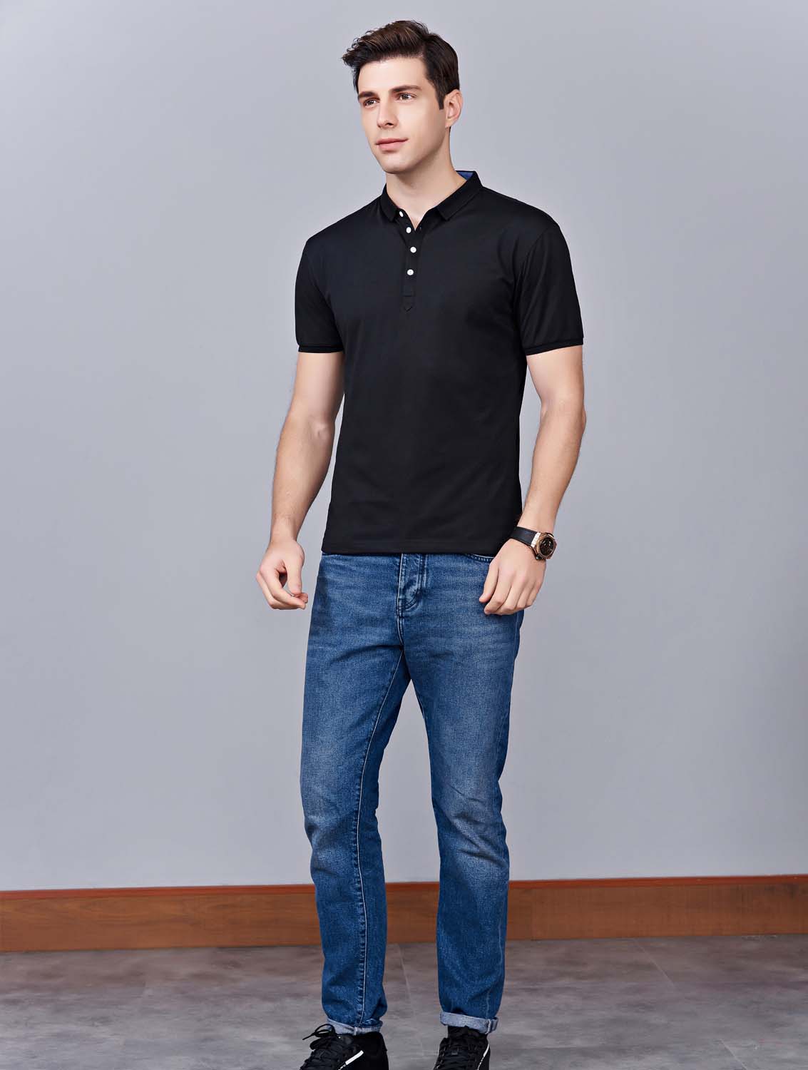 夏季黑色男女同款滌棉短袖翻領(lǐng)時(shí)尚休閑T恤衫/馬球衫-85651#