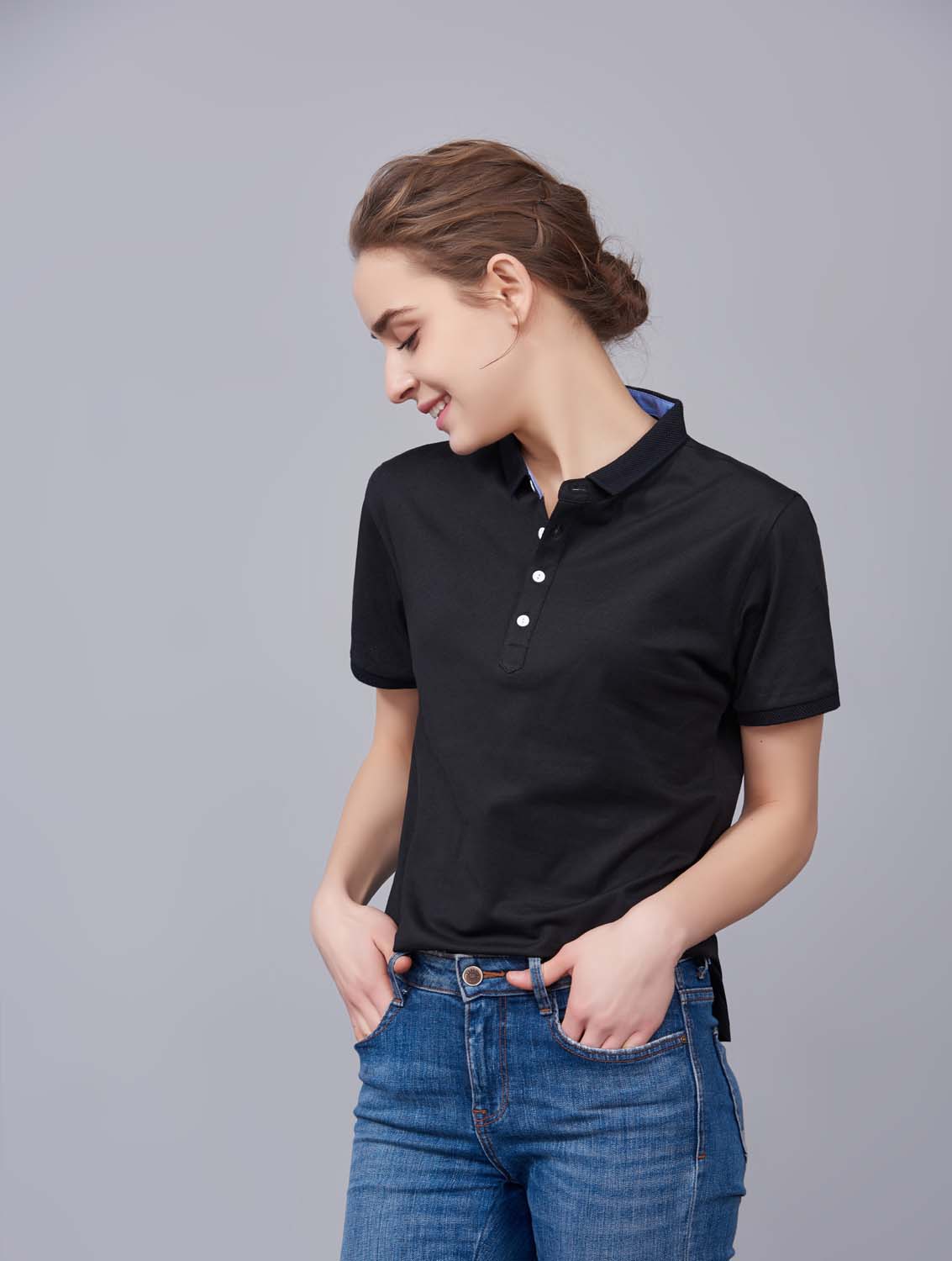 夏季黑色男女同款滌棉短袖翻領(lǐng)時(shí)尚休閑T恤衫/馬球衫-85651#