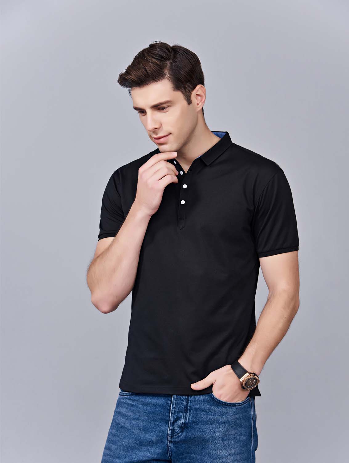 夏季黑色男女同款滌棉短袖翻領(lǐng)時(shí)尚休閑T恤衫/馬球衫-85651#