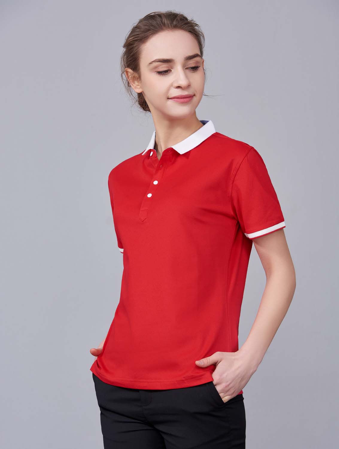 夏季紅色男女同款滌棉短袖翻領時尚休閑T恤衫/馬球衫-85651#