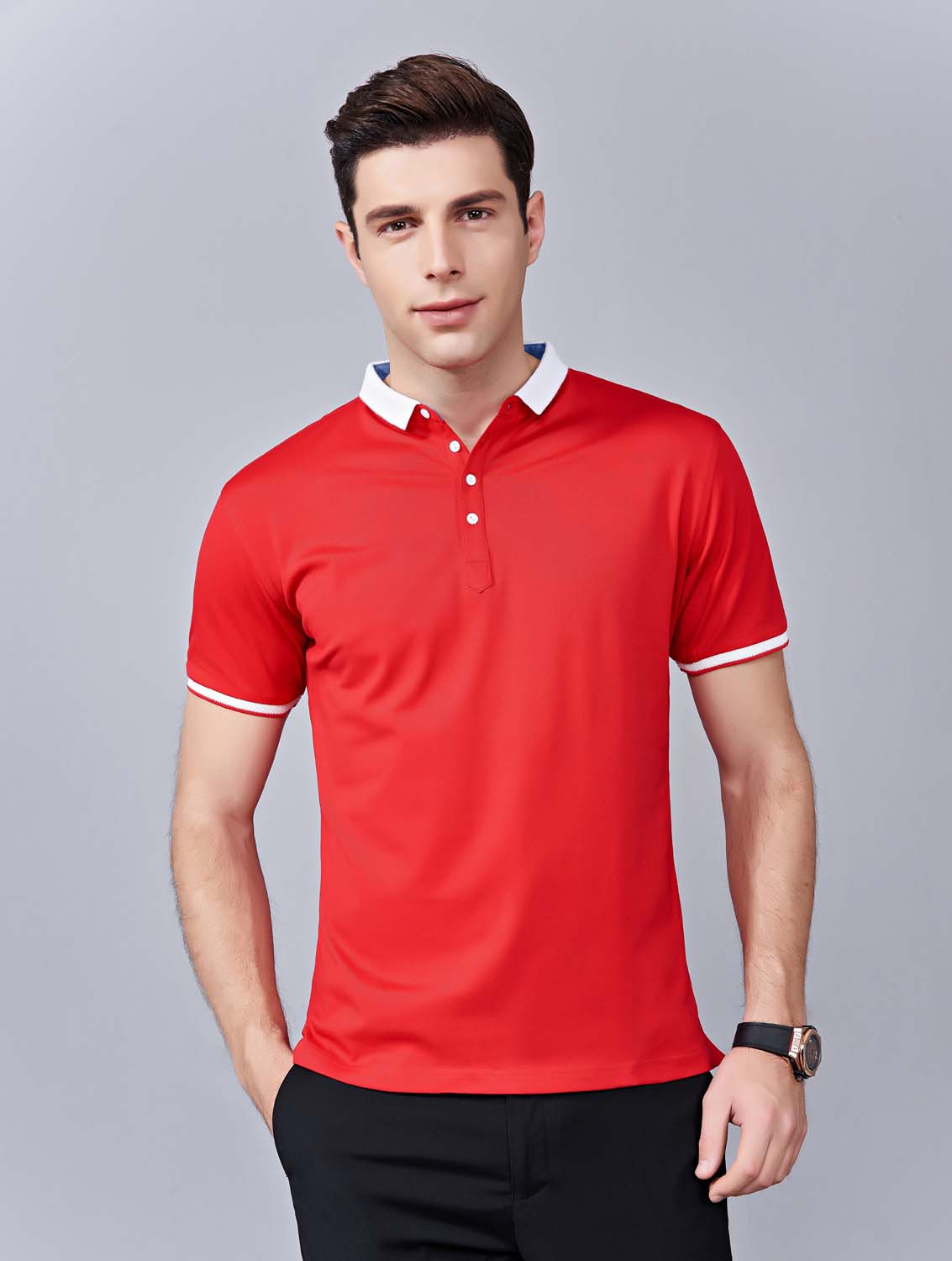 夏季紅色男女同款滌棉短袖翻領時尚休閑T恤衫/馬球衫-85651#