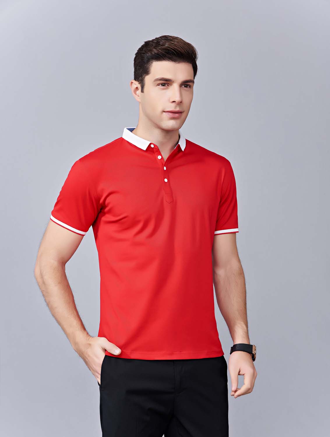 夏季紅色男女同款滌棉短袖翻領時尚休閑T恤衫/馬球衫-85651#