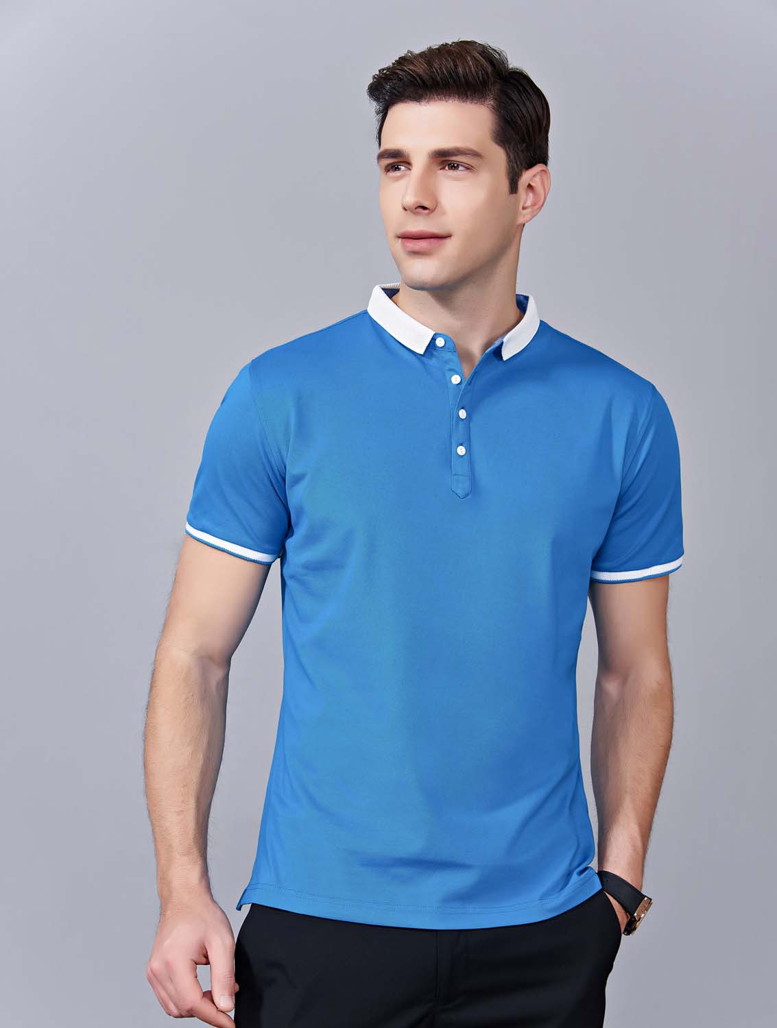 夏季湖藍色男女同款滌棉短袖翻領時尚休閑T恤衫/馬球衫-85651#