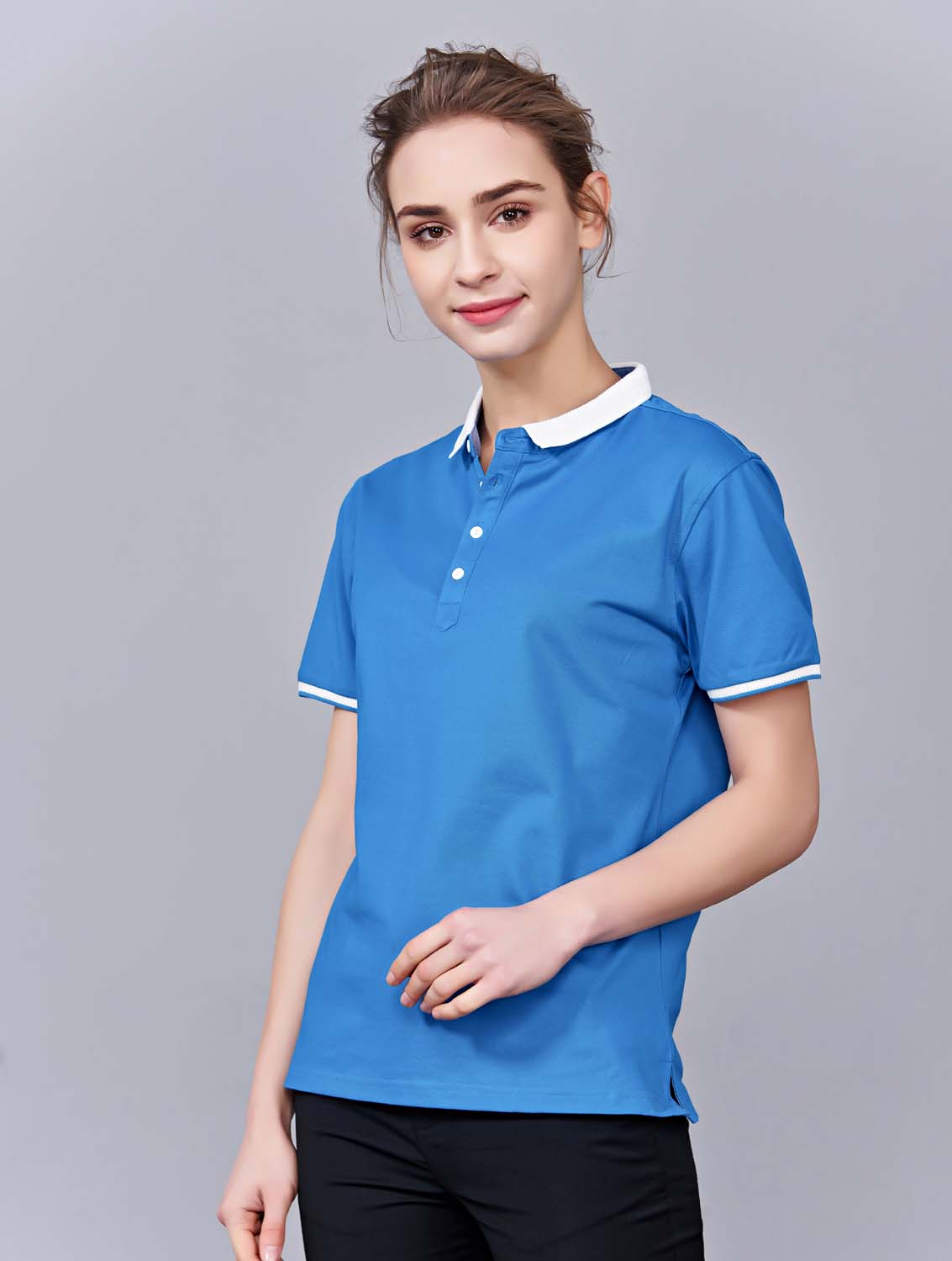 夏季湖藍色男女同款滌棉短袖翻領時尚休閑T恤衫/馬球衫-85651#