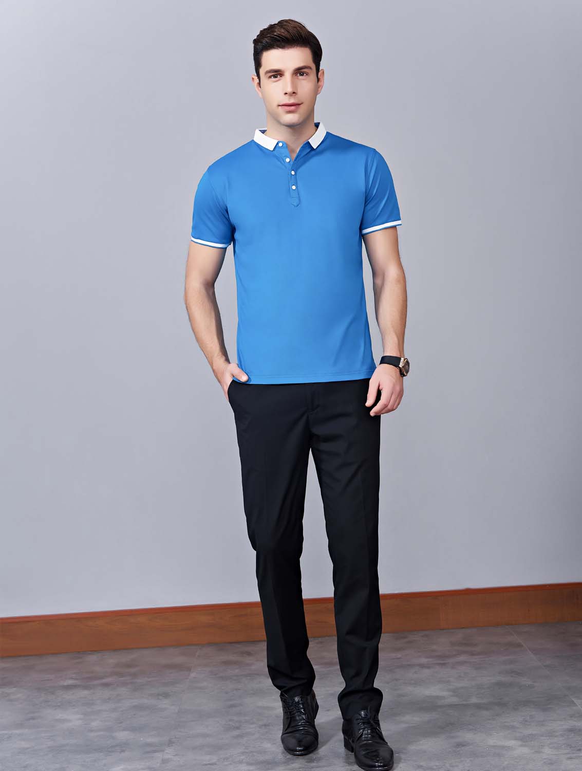 夏季湖藍色男女同款滌棉短袖翻領時尚休閑T恤衫/馬球衫-85651#