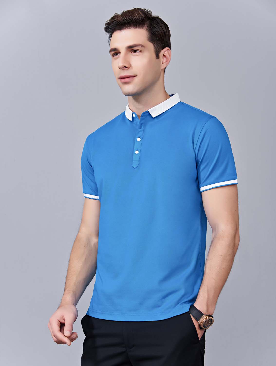 夏季湖藍色男女同款滌棉短袖翻領時尚休閑T恤衫/馬球衫-85651#