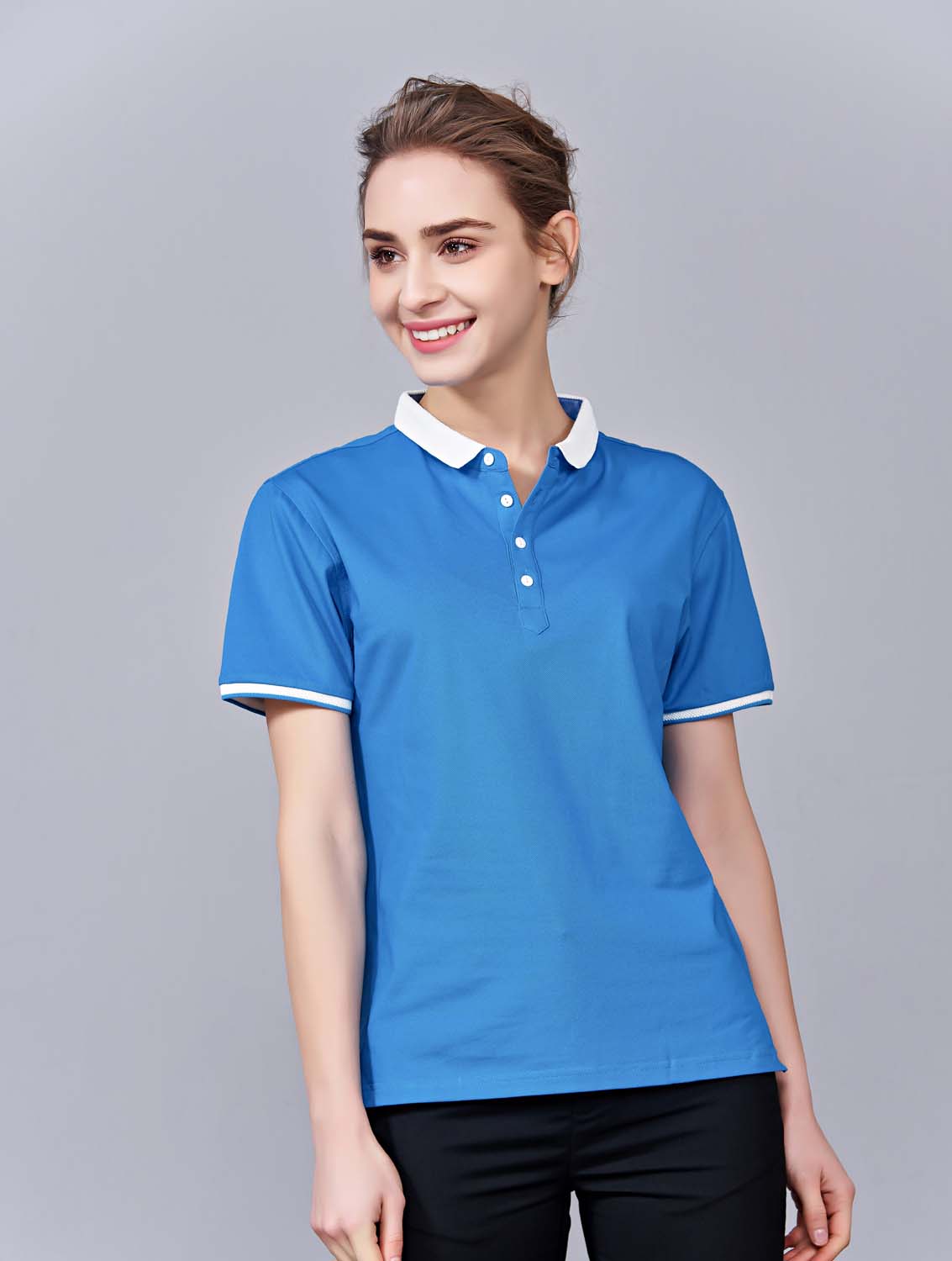 夏季湖藍色男女同款滌棉短袖翻領時尚休閑T恤衫/馬球衫-85651#