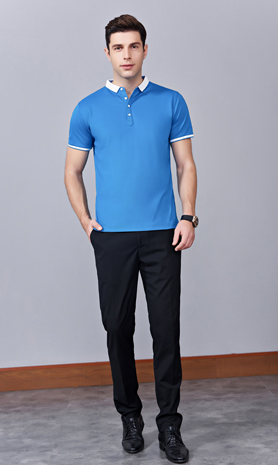 夏季湖藍色男女同款滌棉短袖翻領時尚休閑T恤衫/馬球衫-85651#