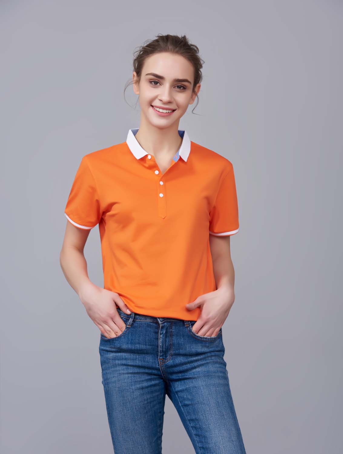 夏季橘色男女同款滌棉短袖翻領(lǐng)時(shí)尚休閑T恤衫/馬球衫-85651#