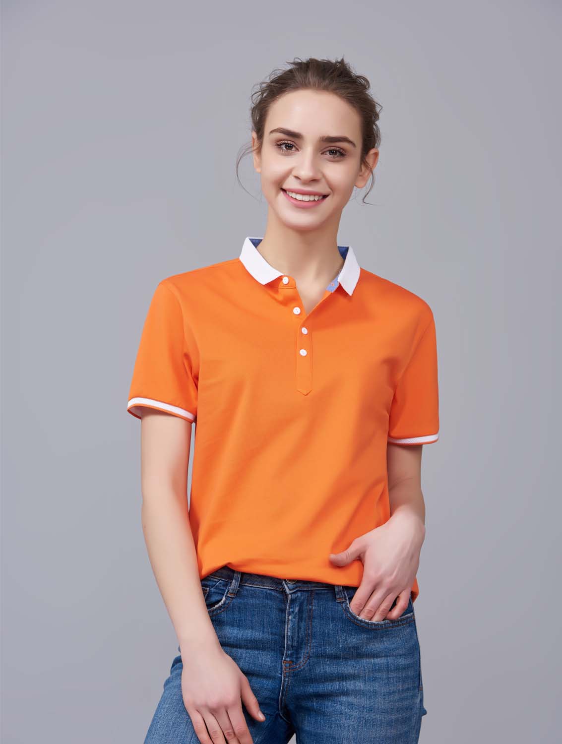 夏季橘色男女同款滌棉短袖翻領(lǐng)時(shí)尚休閑T恤衫/馬球衫-85651#