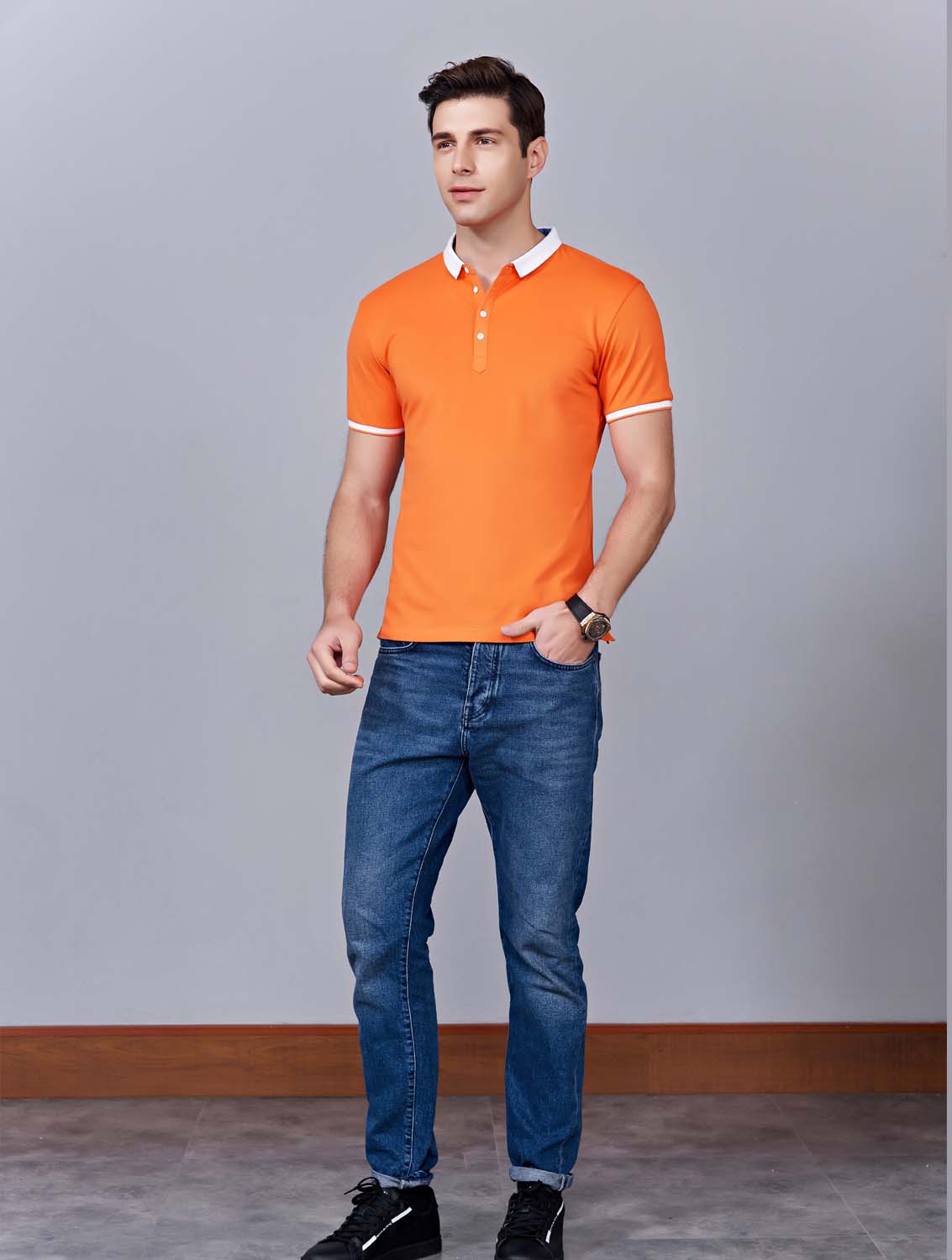 夏季橘色男女同款滌棉短袖翻領(lǐng)時(shí)尚休閑T恤衫/馬球衫-85651#