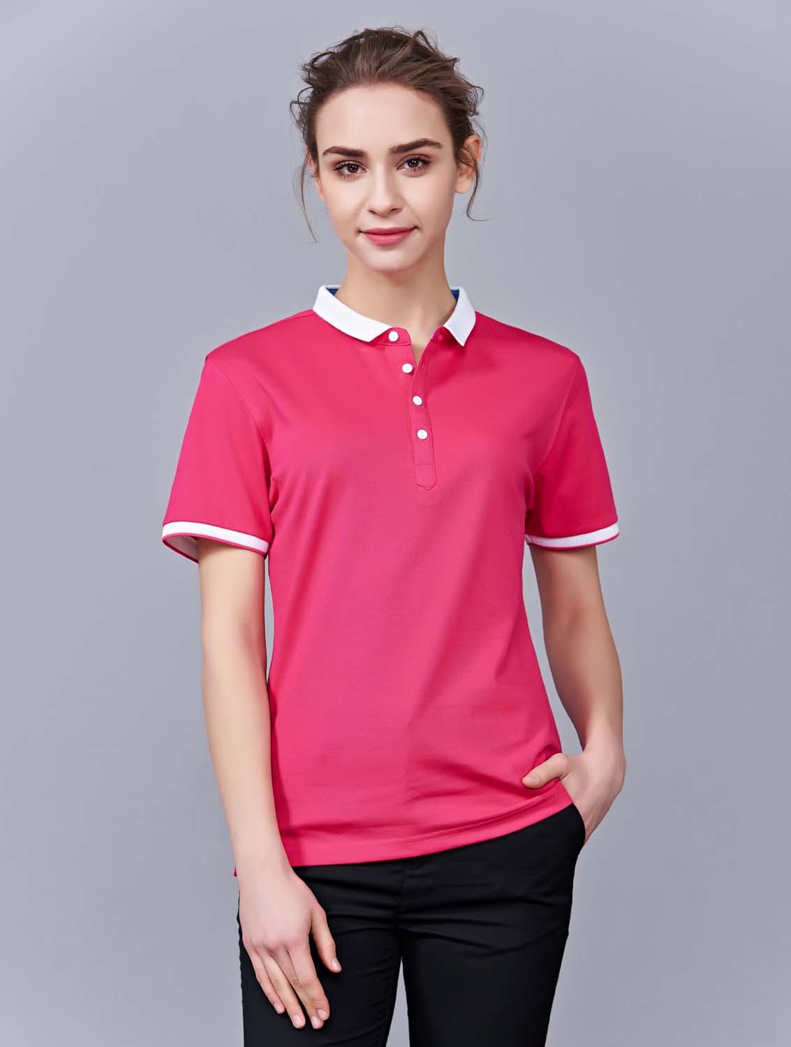 夏季玫紅色男女同款滌棉短袖翻領時尚休閑T恤衫/馬球衫-85651#