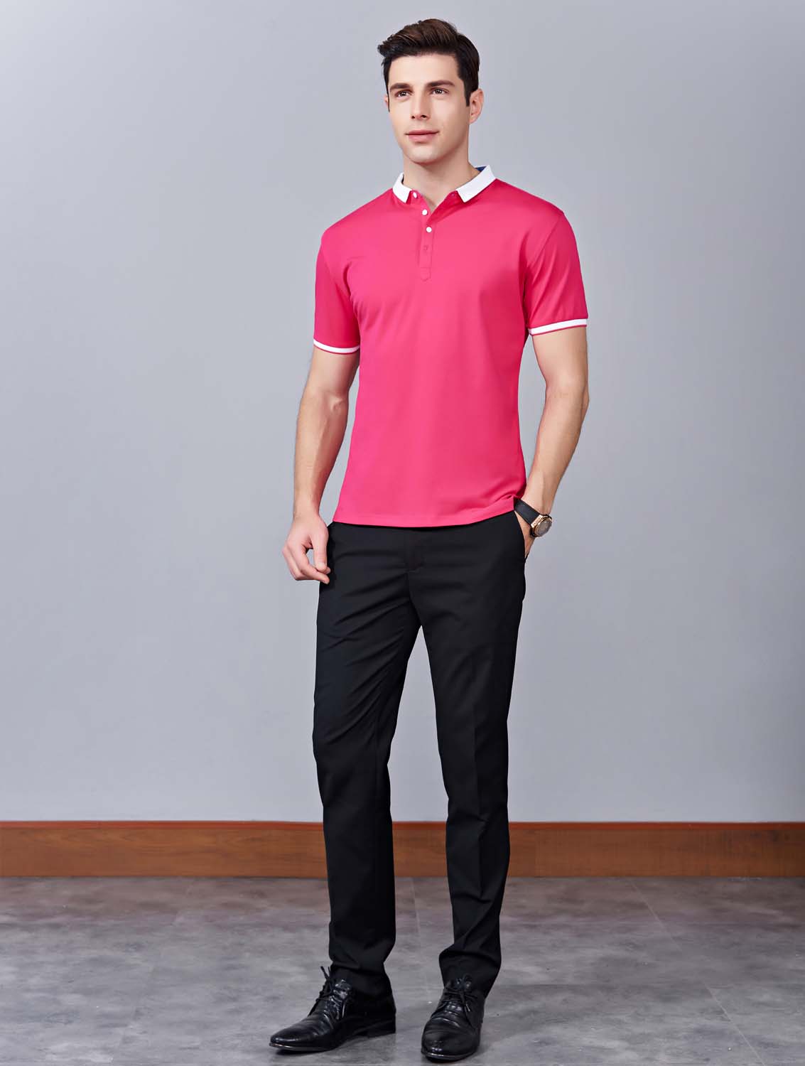 夏季玫紅色男女同款滌棉短袖翻領時尚休閑T恤衫/馬球衫-85651#