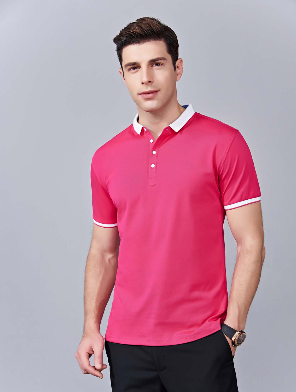 夏季玫紅色男女同款滌棉短袖翻領時尚休閑T恤衫/馬球衫-85651#