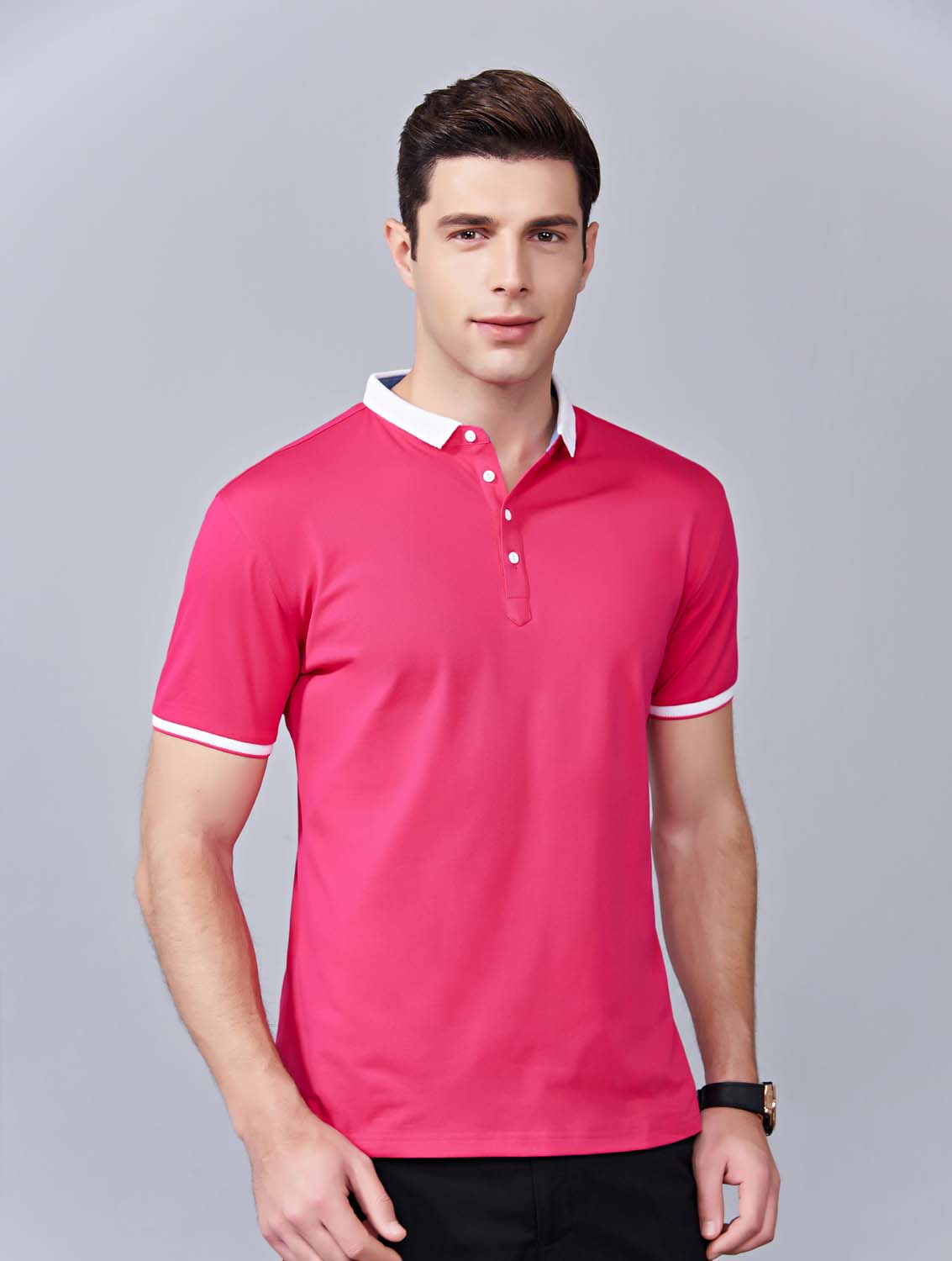 夏季玫紅色男女同款滌棉短袖翻領時尚休閑T恤衫/馬球衫-85651#