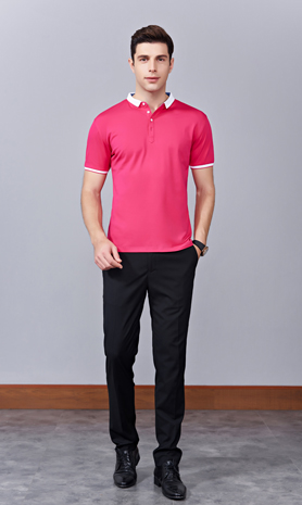 夏季玫紅色男女同款滌棉短袖翻領時尚休閑T恤衫/馬球衫-85651#