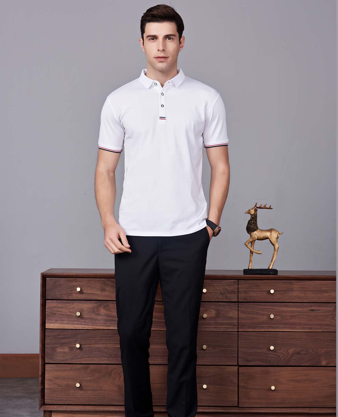 夏季白色男女同款滌棉短袖翻領(lǐng)時(shí)尚休閑T恤衫-85681#