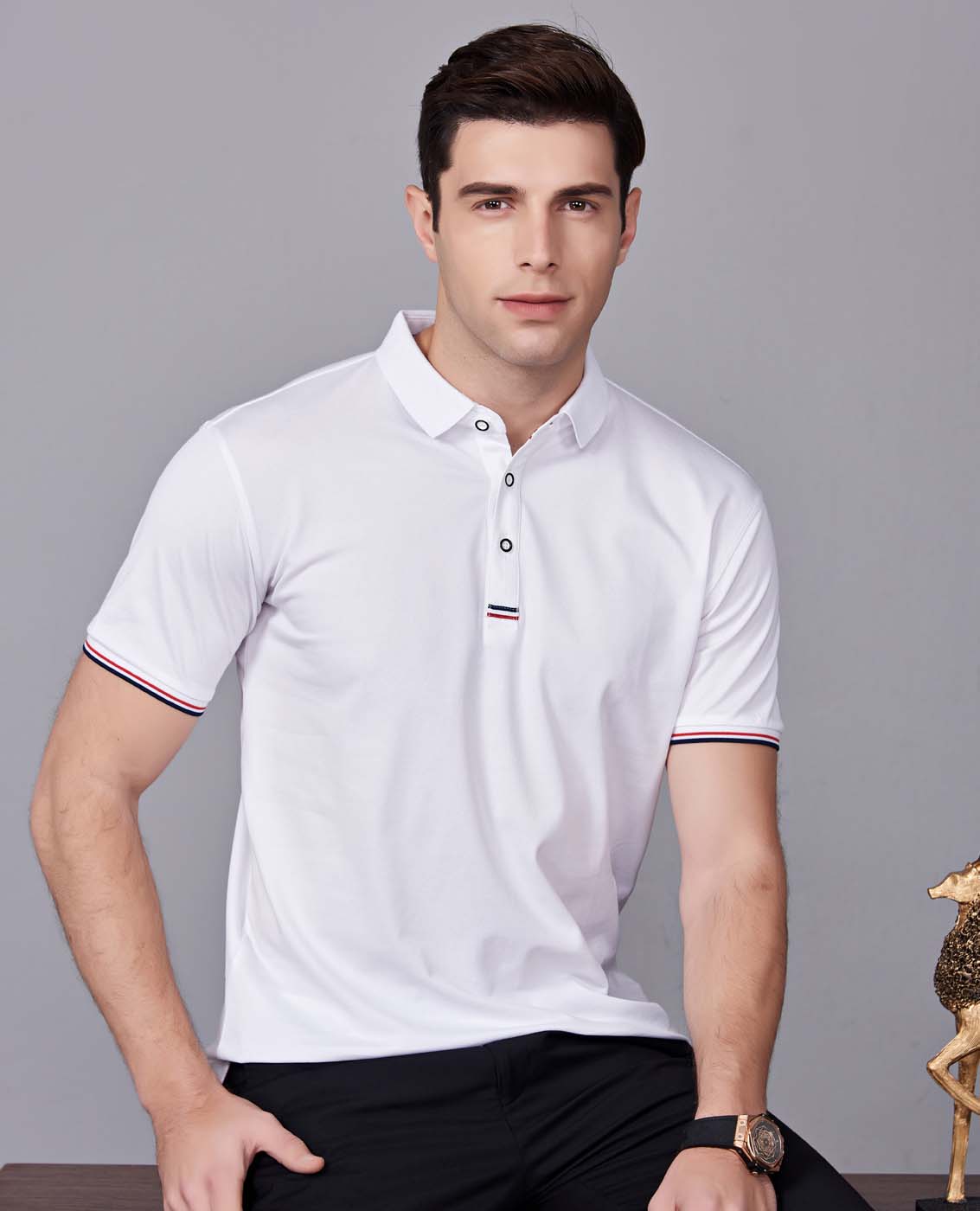 夏季白色男女同款滌棉短袖翻領(lǐng)時(shí)尚休閑T恤衫-85681#