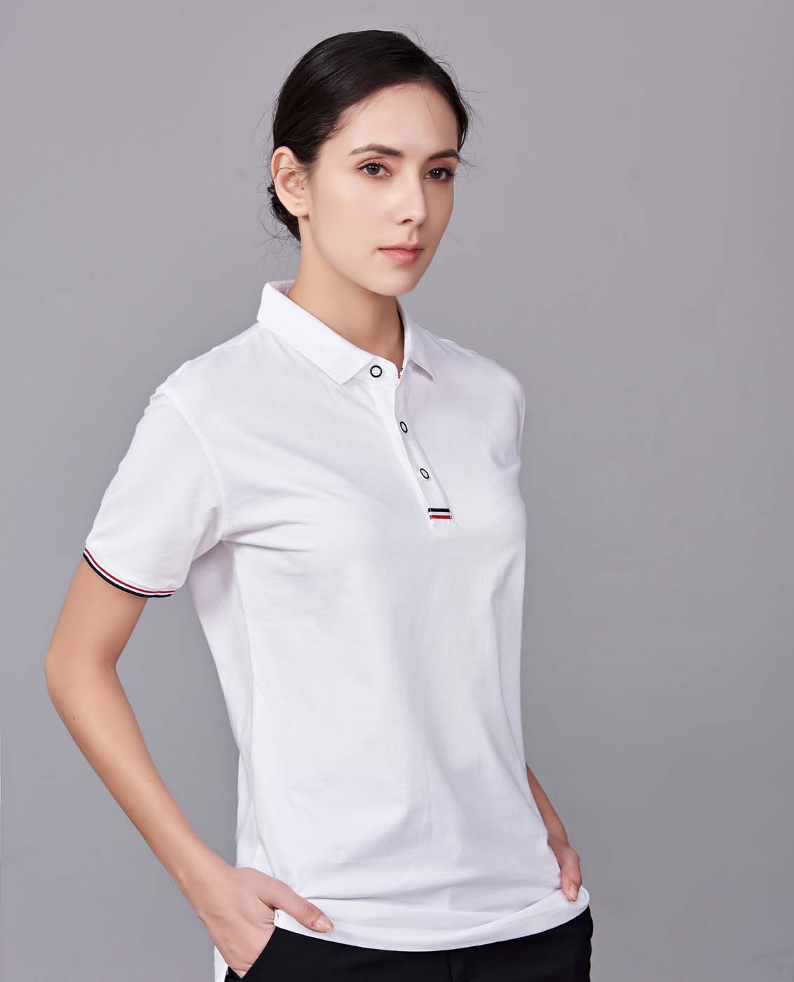 夏季白色男女同款滌棉短袖翻領(lǐng)時(shí)尚休閑T恤衫-85681#