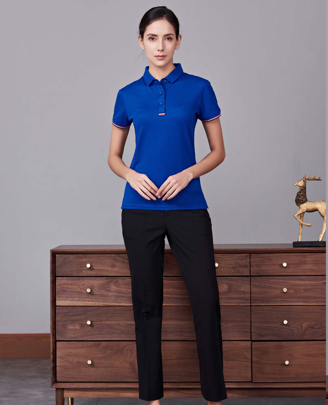 夏季寶藍色男女同款滌棉短袖翻領時尚休閑T恤衫-85681#